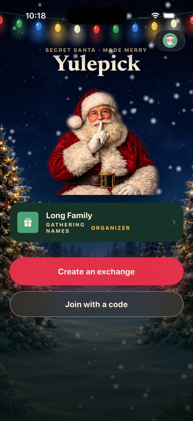 Yulepick app home screen — Secret Santa, made merry